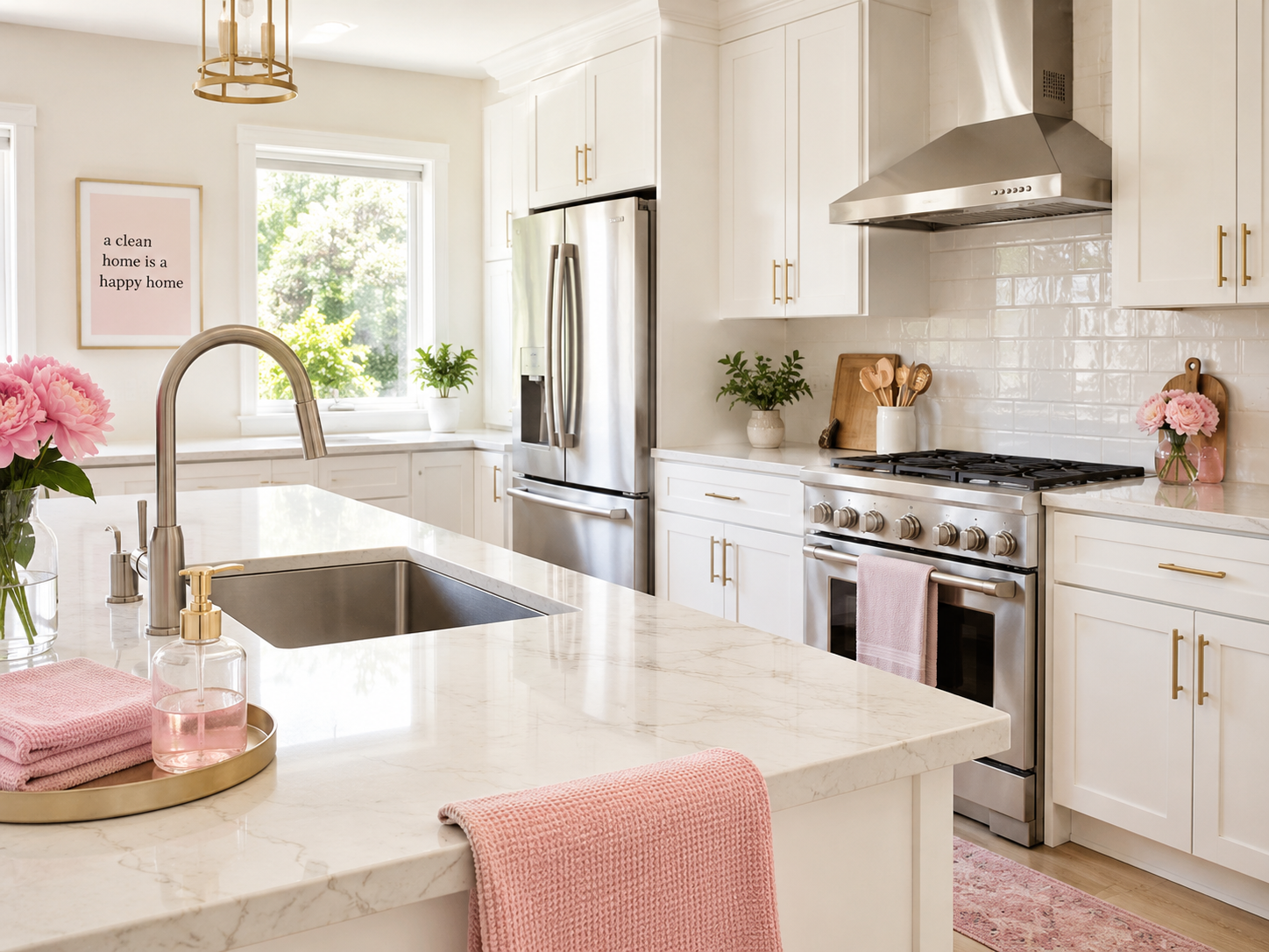 Bright kitchen with clean counters after a visit from the cleaning team