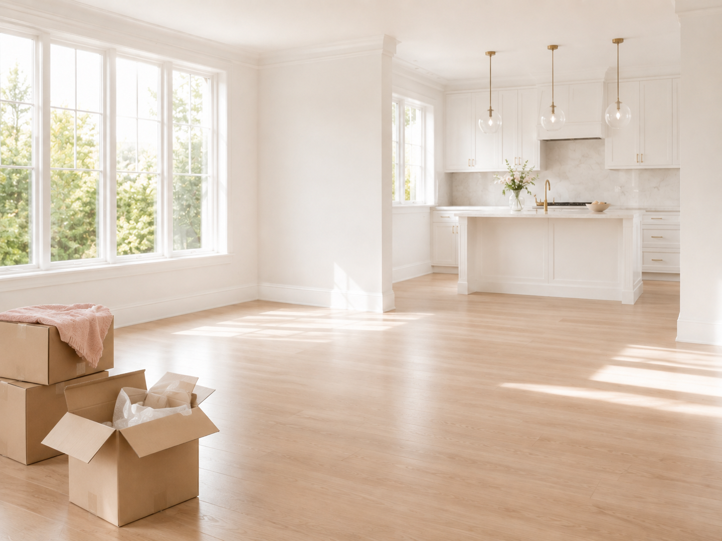 Empty living room and kitchen with moving boxes by the window